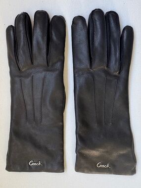 Coach Black Leather Gloves Size 8 Long Cuff Knit Lined
